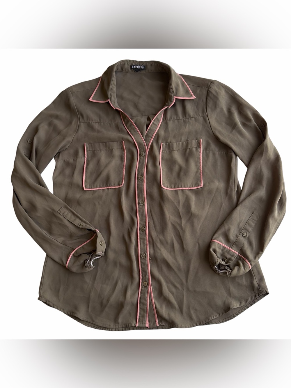 Express Brown Button Down Top With Pink Trim